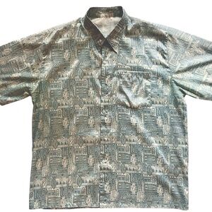 Turquoise Silk Casual Button Down Shirt with Tribal Pattern